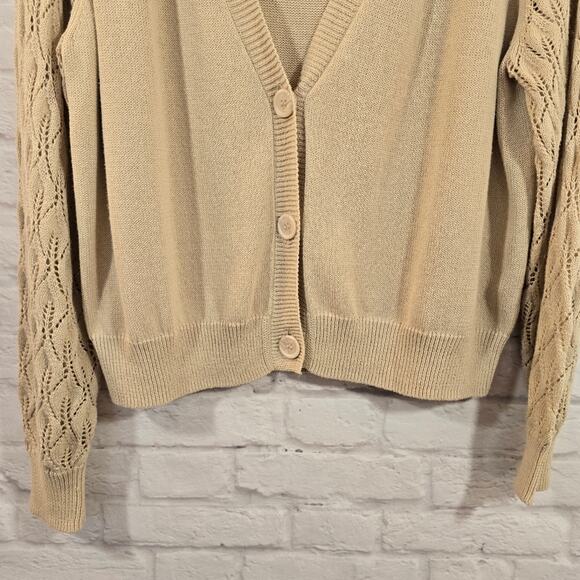 L 27 MILES Pointelle Sleeve Button Up Cardigan In Tan Brown Sz M V Neck Sweater - Picture 3 of 9